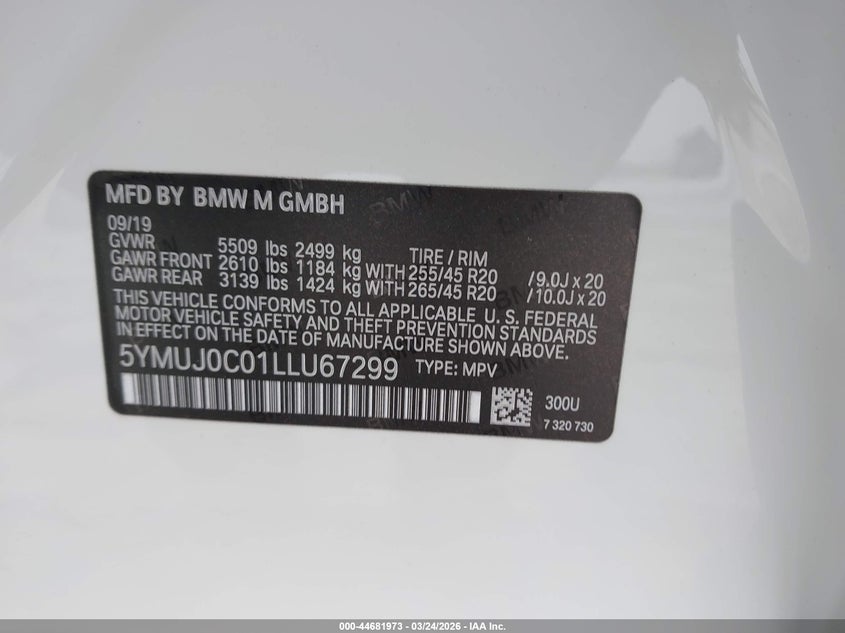 2020 BMW X4 M VIN: 5YMUJ0C01LLU67299 Lot: 44681973