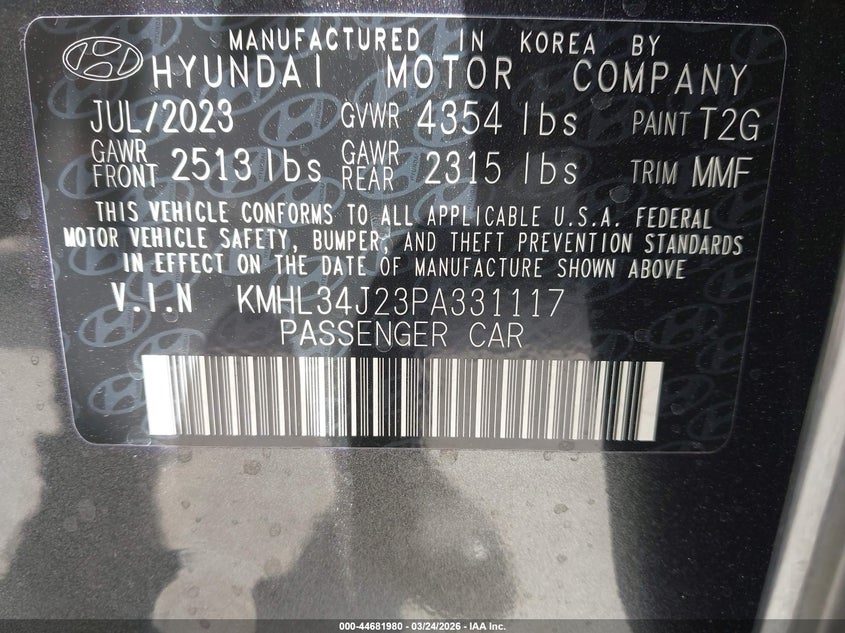 2023 Hyundai Sonata Limited VIN: KMHL34J23PA331117 Lot: 44681980