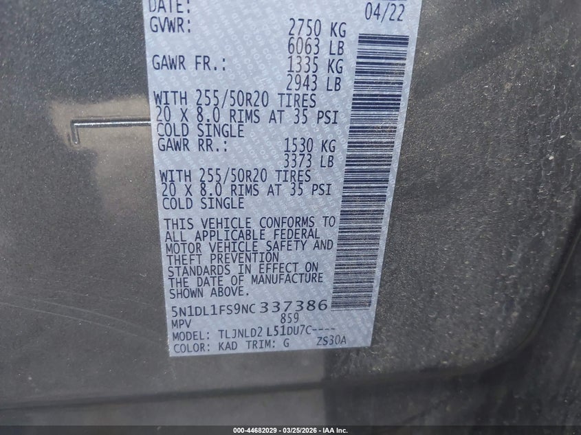 2022 Infiniti Qx60 Luxe Awd VIN: 5N1DL1FS9NC337386 Lot: 44682029