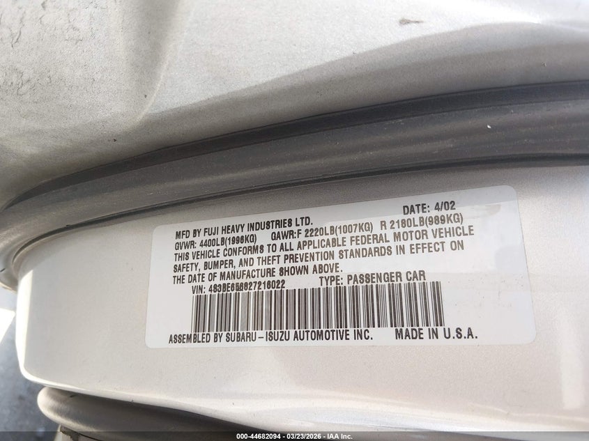 2002 Subaru Legacy Gt Limited VIN: 4S3BE656827216022 Lot: 44682094