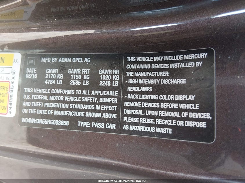 2017 Buick Cascada Premium VIN: W04WH3N55HG003658 Lot: 44682174