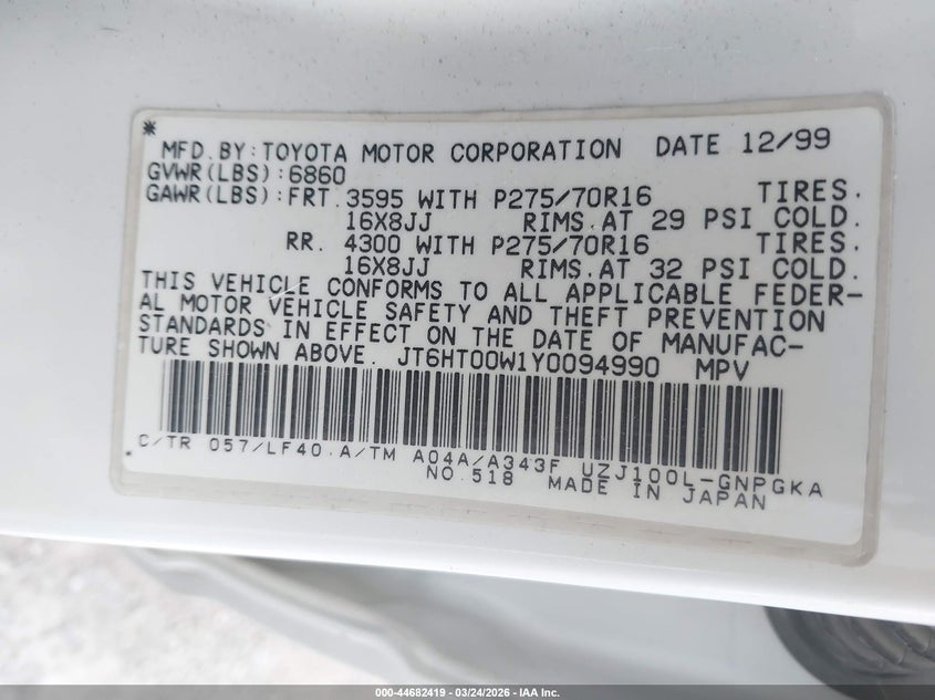 2000 Lexus Lx 470 VIN: JT6HT00W1Y0094990 Lot: 44682419