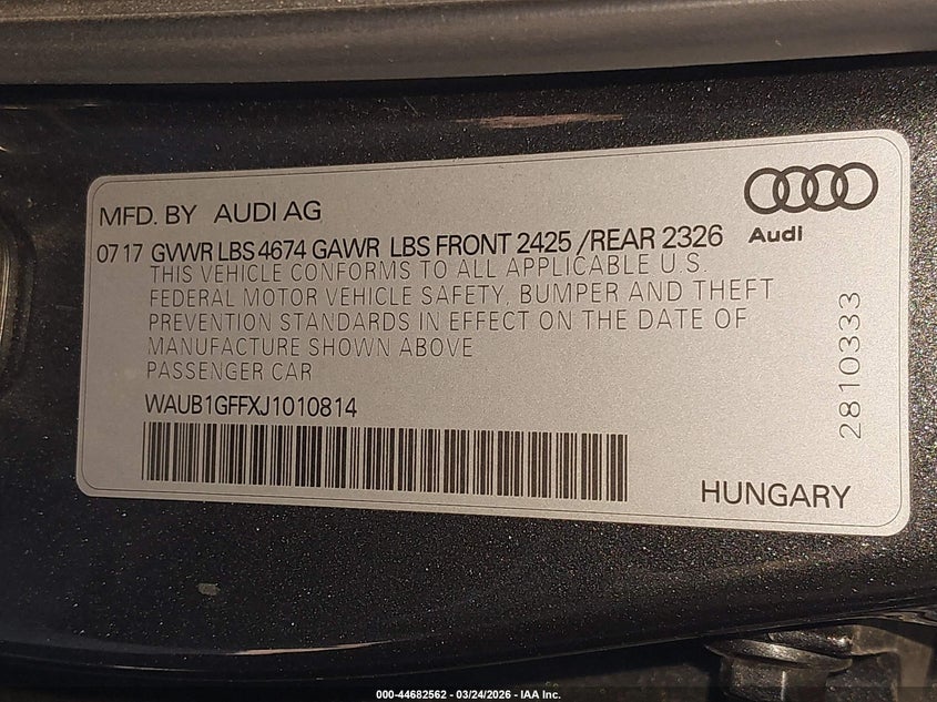 2018 Audi S3 2.0T Premium Plus/2.0T Tech Premium Plus VIN: WAUB1GFFXJ1010814 Lot: 44682562