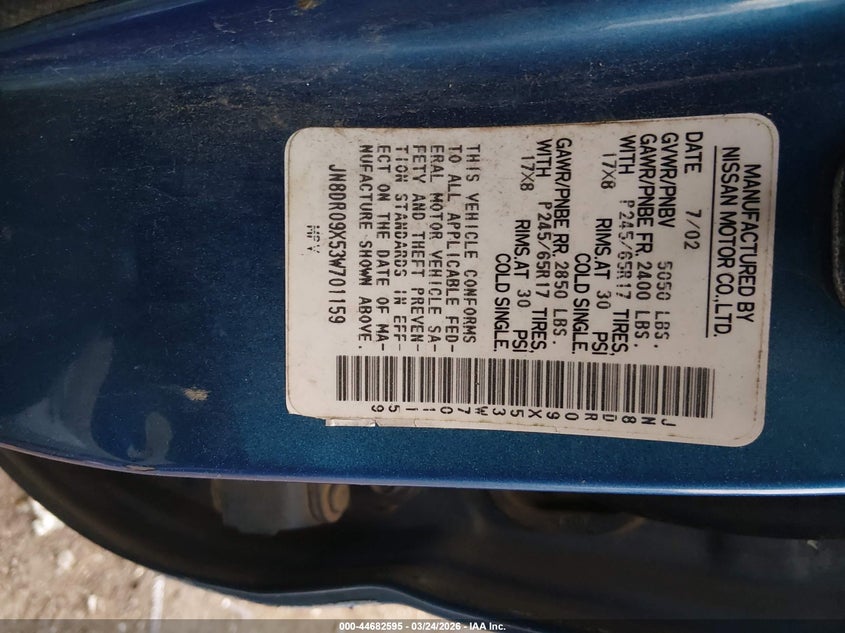 2003 Nissan Pathfinder Le VIN: JN8DR09X53W701159 Lot: 44682595