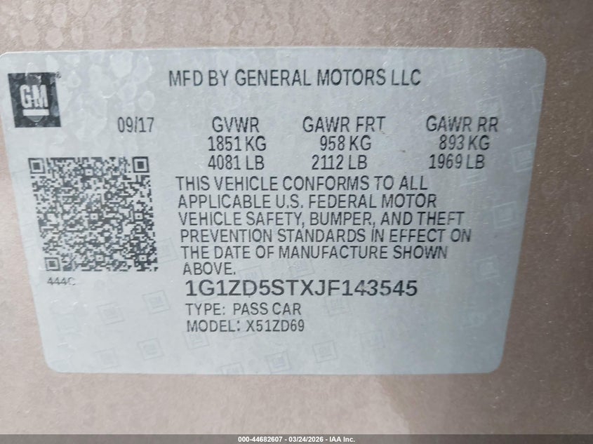 2018 Chevrolet Malibu Lt VIN: 1G1ZD5STXJF143545 Lot: 44682607