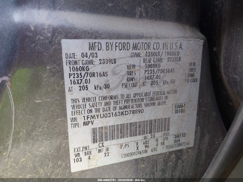 2003 Ford Escape Xlt VIN: 1FMYU03163KD78890 Lot: 44682791