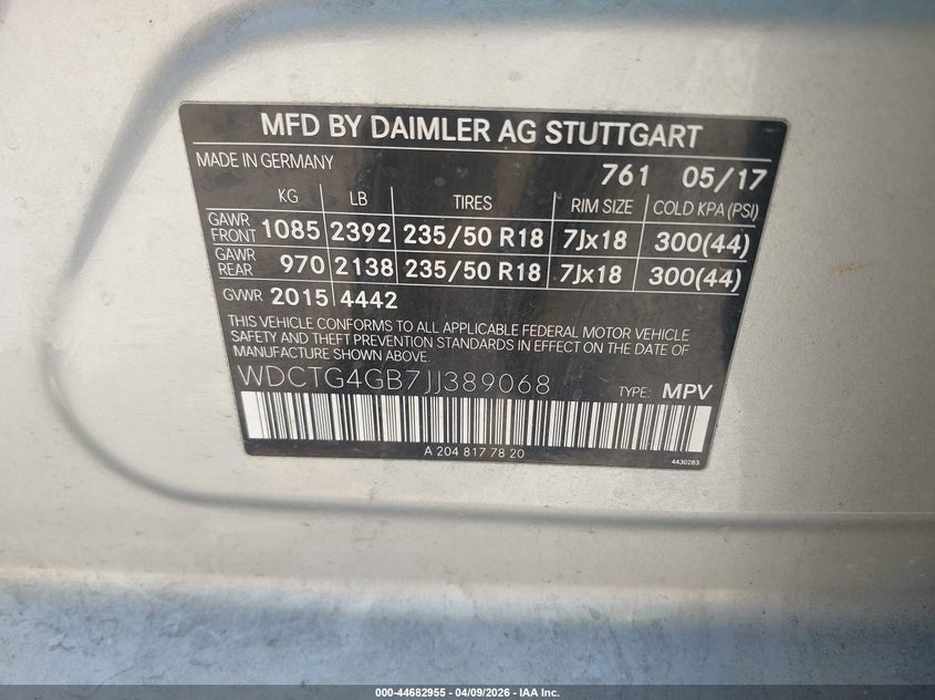 2018 Mercedes-Benz Gla 250 4Matic VIN: WDCTG4GB7JJ389068 Lot: 44682955