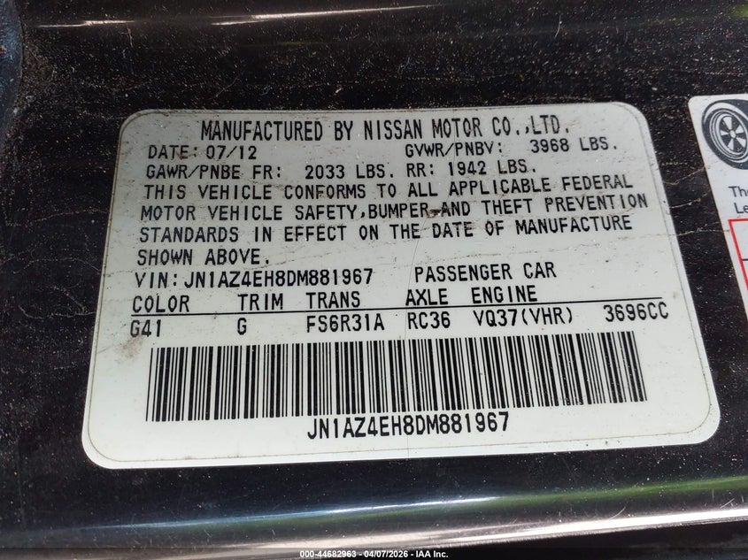 2013 Nissan 370Z VIN: JN1AZ4EH8DM881967 Lot: 44682963