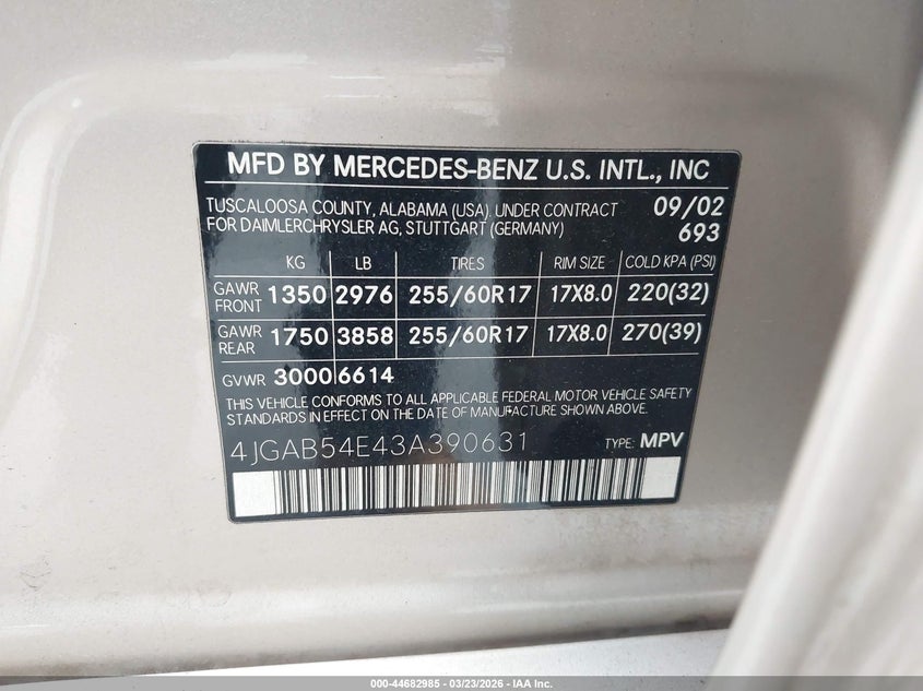 2003 Mercedes-Benz Ml 320 VIN: 4JGAB54E43A390631 Lot: 44682985