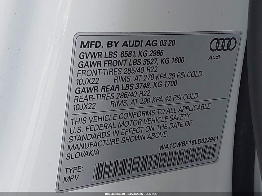 2020 Audi Sq8 Prestige Tfsi Quattro Tiptronic VIN: WA1CWBF16LD022941 Lot: 44683030