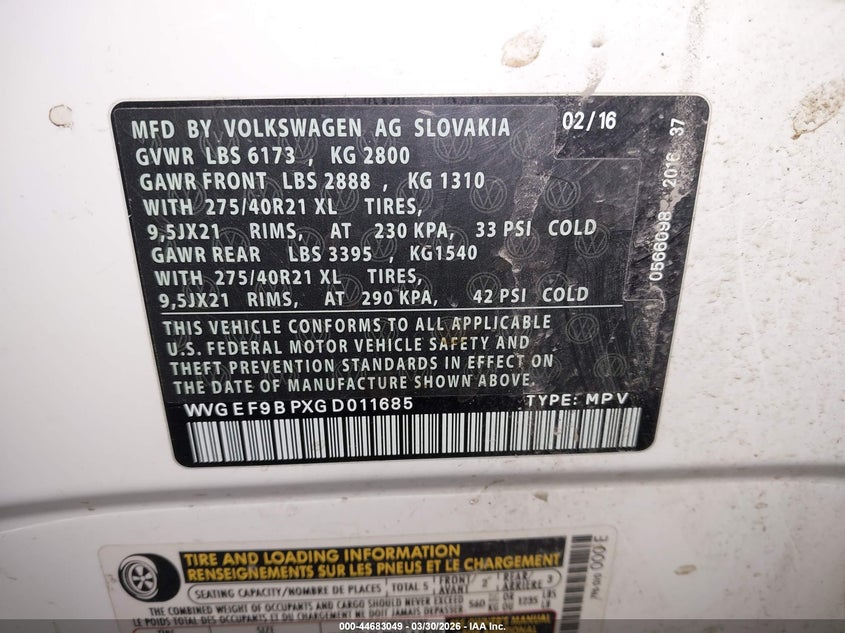 2016 Volkswagen Touareg Vr6 Executive VIN: WVGEF9BPXGD011685 Lot: 44683049