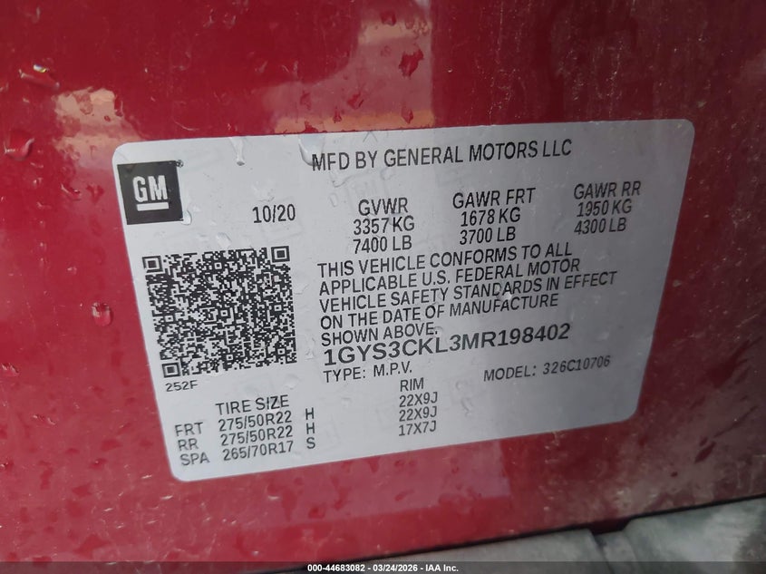 2021 Cadillac Escalade 2Wd Premium Luxury VIN: 1GYS3CKL3MR198402 Lot: 44683082