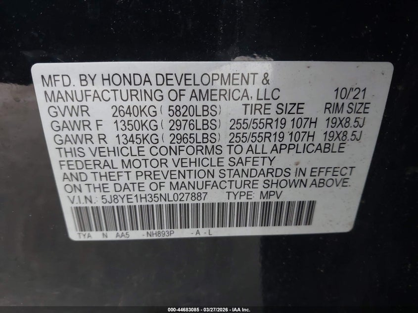2022 Acura Mdx Standard VIN: 5J8YE1H35NL027887 Lot: 44683085