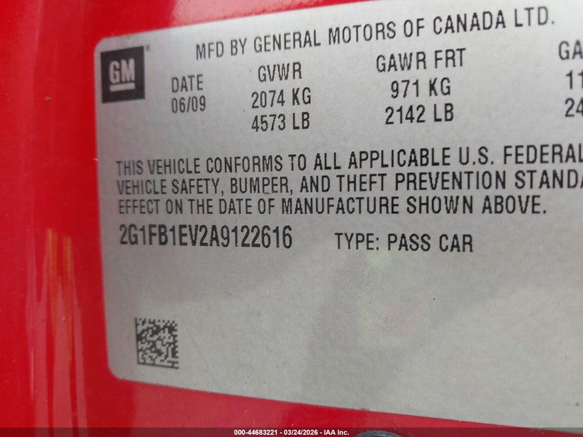 2010 Chevrolet Camaro 1Lt VIN: 2G1FB1EV2A9122616 Lot: 44683221