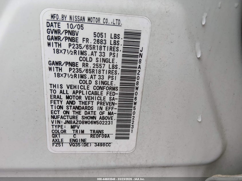 2006 Nissan Murano Sl VIN: JN8AZ08W06W502231 Lot: 44683548