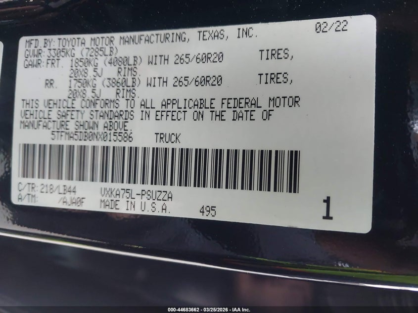 2022 Toyota Tundra 1794 Edition VIN: 5TFMA5DB0NX015586 Lot: 44683662