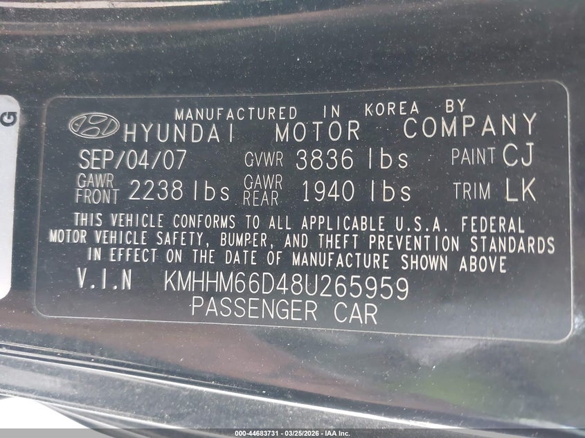 2008 Hyundai Tiburon Gs VIN: KMHHM66D48U265959 Lot: 44683731