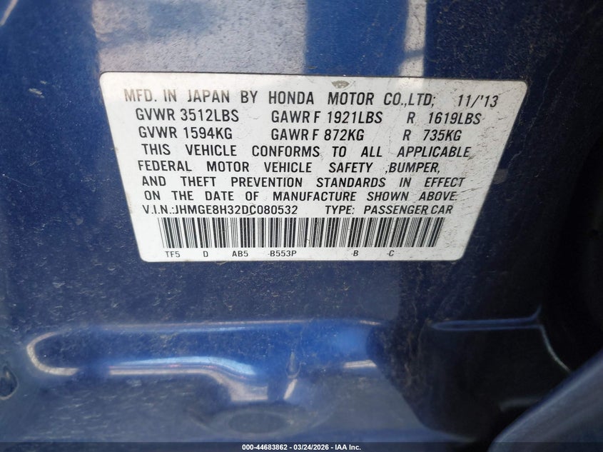 2013 Honda Fit VIN: JHMGE8H32DC080532 Lot: 44683862