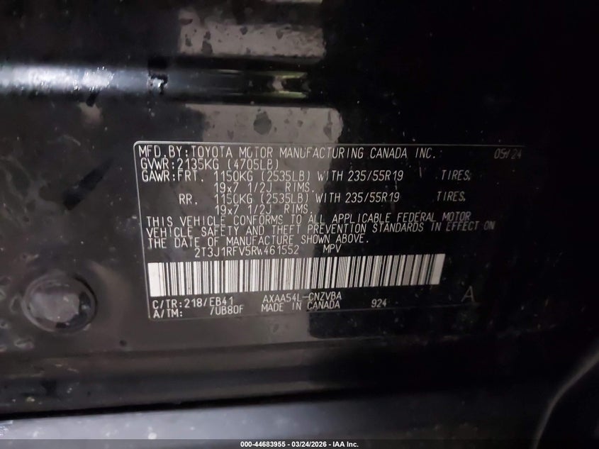 2024 TOYOTA RAV4 2.5L I-4 DI, DOHC, V(VIN: 2T3J1RFV5RW461552
