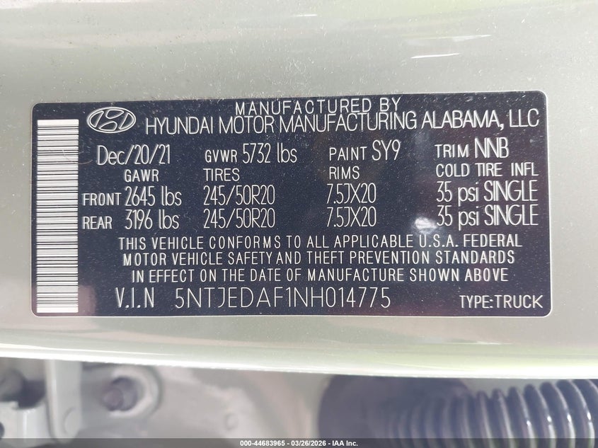 2022 Hyundai Santa Cruz Limited VIN: 5NTJEDAF1NH014775 Lot: 44683965