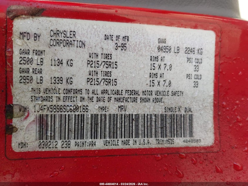 1995 Jeep Grand Cherokee Laredo VIN: 1J4FX58S6SC680166 Lot: 44684014