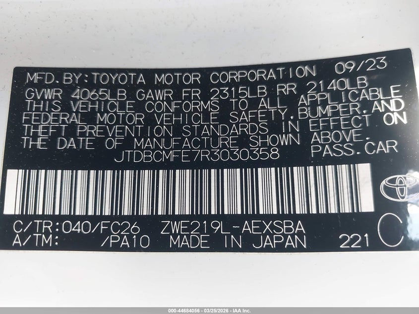 2024 TOYOTA COROLLA 1.8L I-4 DOHC, VVT, (VIN: JTDBCMFE7R3030358