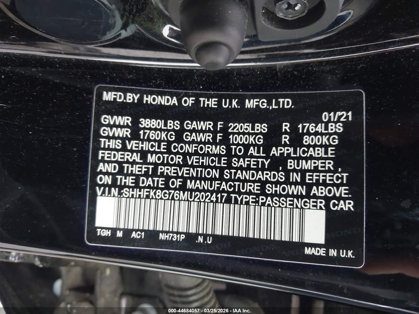2021 Honda Civic Type R Touring VIN: SHHFK8G76MU202417 Lot: 44684057