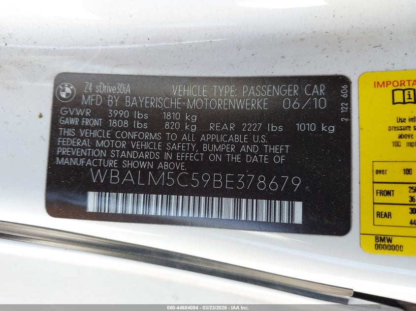 2011 BMW Z4 Sdrive30I VIN: WBALM5C59BE378679 Lot: 44684084