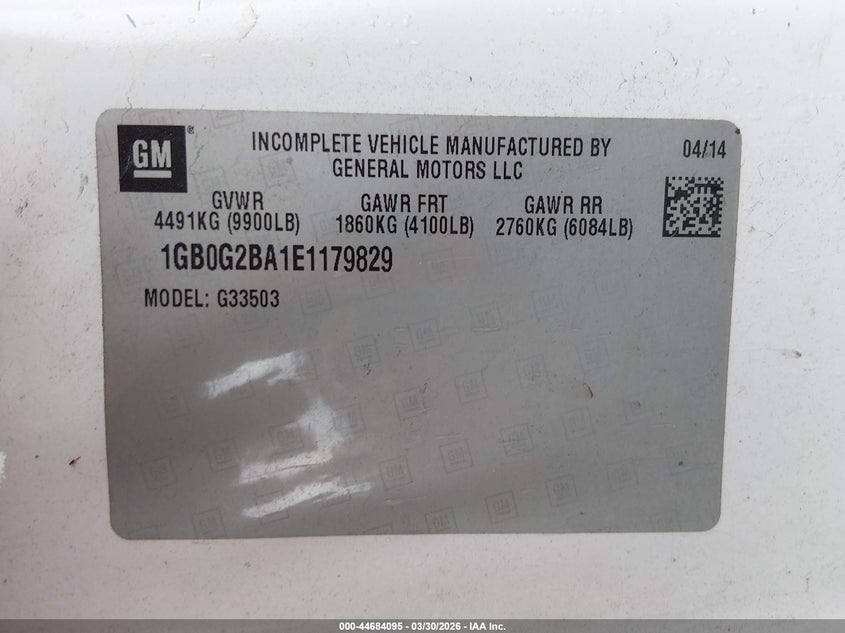 2014 Chevrolet Express Cutaway 3500 white Lot 111044684095 Vin 1GB0G2BA1E1179829