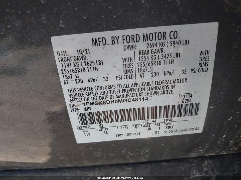 2021 Ford Explorer Xlt VIN: 1FMSK8DH0MGC48114 Lot: 44684129