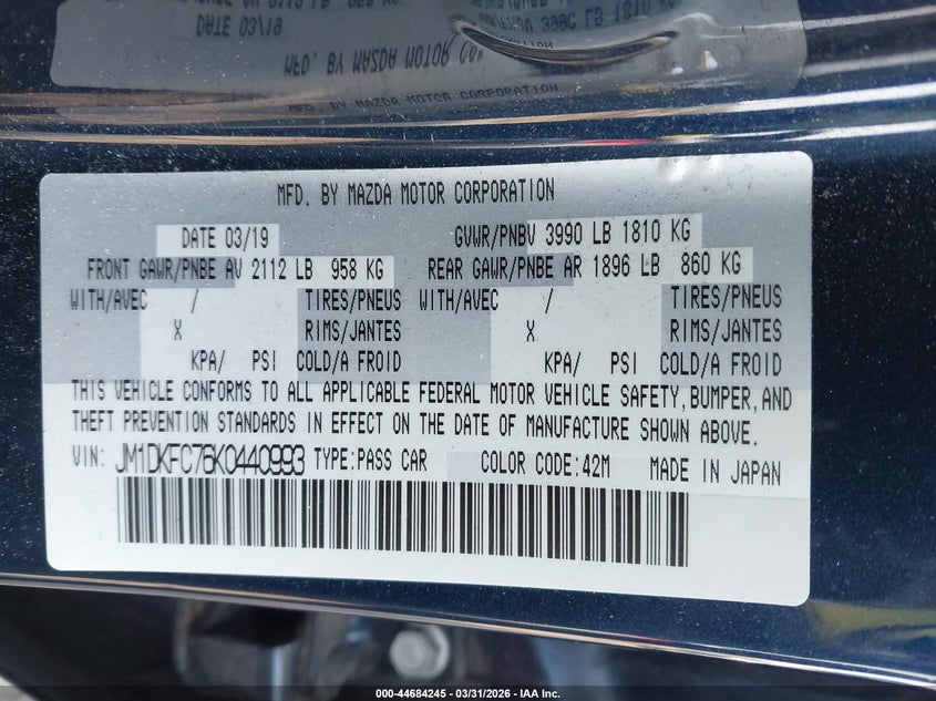 2019 Mazda Cx-3 Touring VIN: JM1DKFC76K0440993 Lot: 44684245