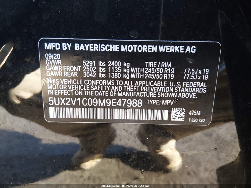 2021 BMW X4 xDrive30I VIN: 5UX2V1C09M9E47988 Lot: 44684363