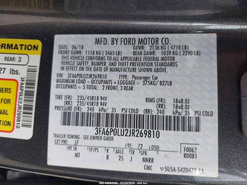 VIN 3FA6P0LU2JR269810 2018 FORD FUSION HYBRID SE