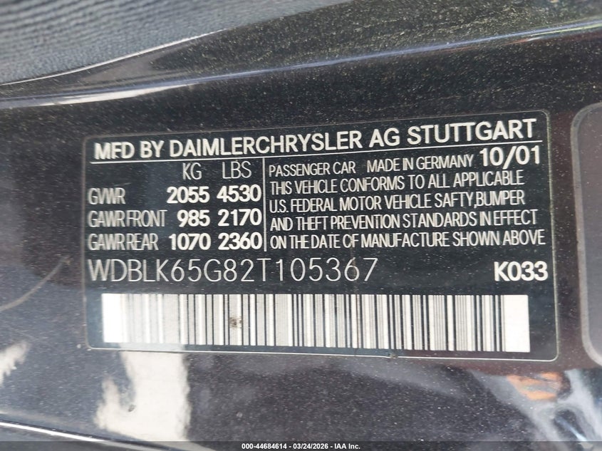 2002 Mercedes-Benz Clk 320 VIN: WDBLK65G82T105367 Lot: 44684614