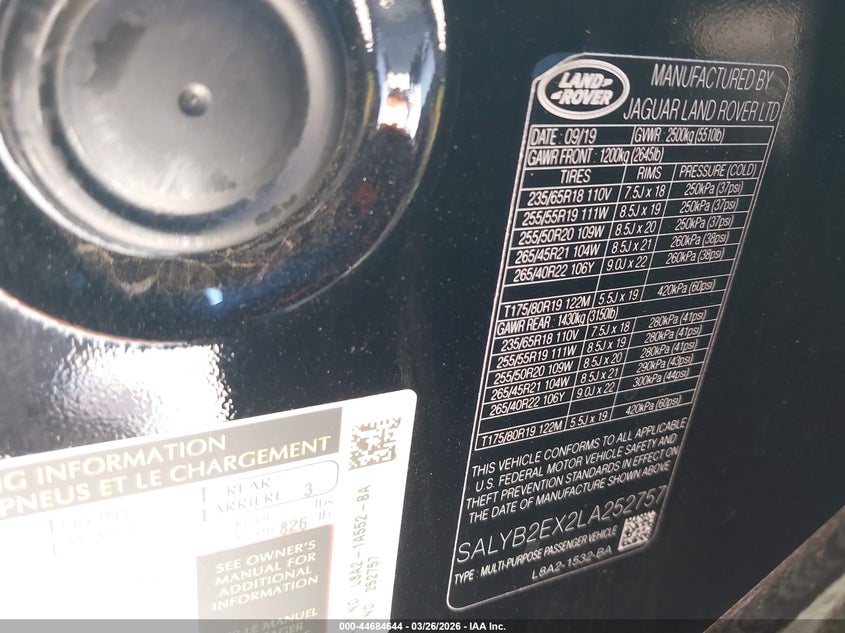 2020 Land Rover Range Rover Velar P250 S VIN: SALYB2EX2LA252757 Lot: 44684644