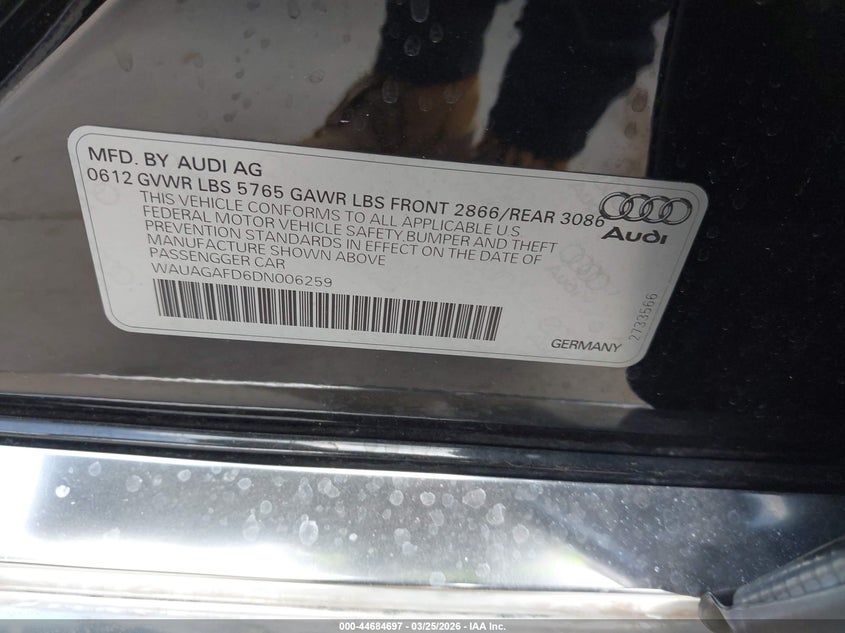 2013 Audi A8 3.0T VIN: WAUAGAFD6DN006259 Lot: 44684697
