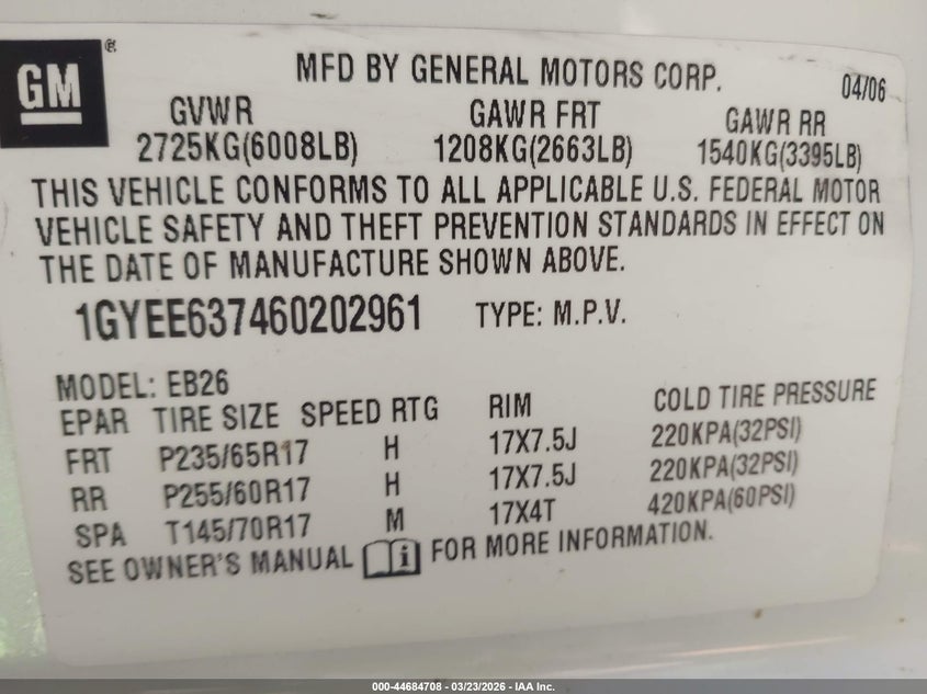 2006 Cadillac Srx V6 VIN: 1GYEE637460202961 Lot: 44684708