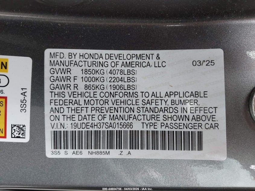 2025 Acura Integra A-Spec VIN: 19UDE4H37SA015666 Lot: 44684756