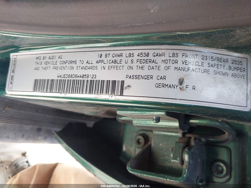 1998 Audi A4 2.8 VIN: WAUED68D6WA059123 Lot: 44684763