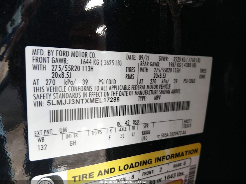 2021 LINCOLN NAVIGATOR 3.5L V-6 DI, DOHC, V(VIN: 5LMJJ3NTXMEL17288