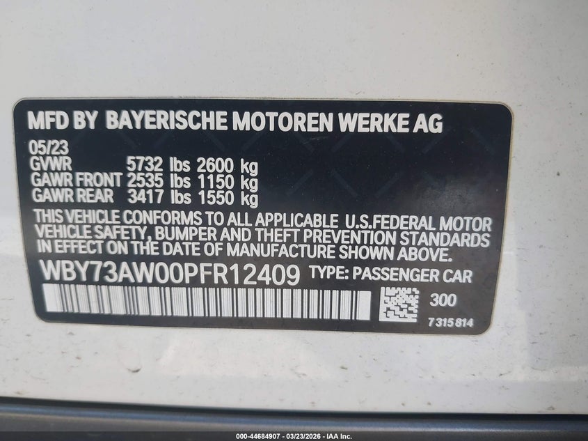 2023 BMW I4 Edrive40 VIN: WBY73AW00PFR12409 Lot: 44684907