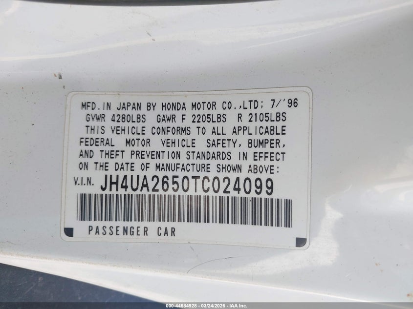 1996 Acura 2.5Tl VIN: JH4UA2650TC024099 Lot: 44684928