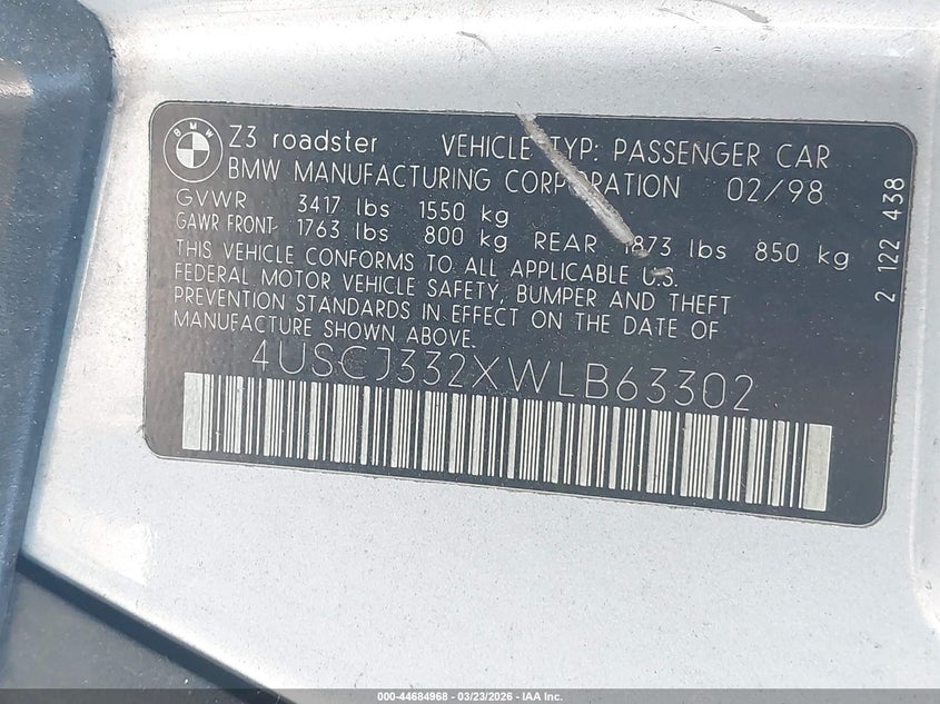 1998 BMW Z3 2.8 VIN: 4USCJ332XWLB63302 Lot: 44684968