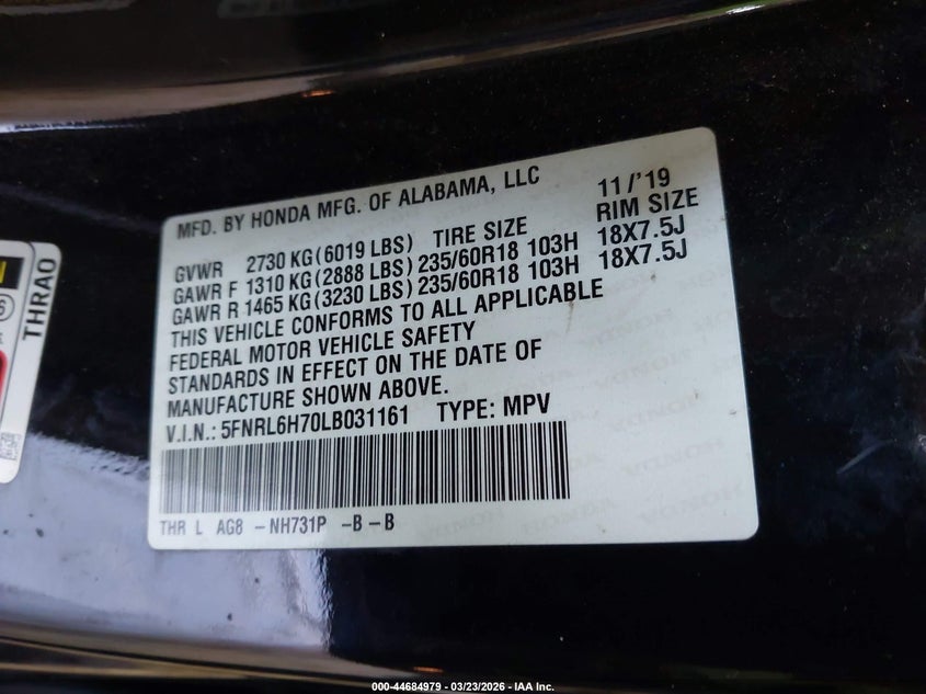 VIN 5FNRL6H70LB031161 2020 HONDA ODYSSEY EX-L/EX-L W/NAVI   RES