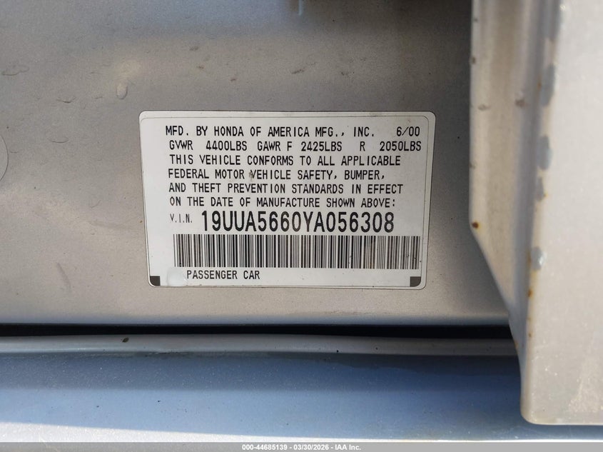 2000 Acura Tl 3.2 VIN: 19UUA5660YA056308 Lot: 44685139