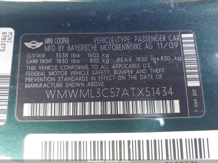 2010 Mini Cooper Clubman VIN: WMWML3C57ATX51434 Lot: 44685206