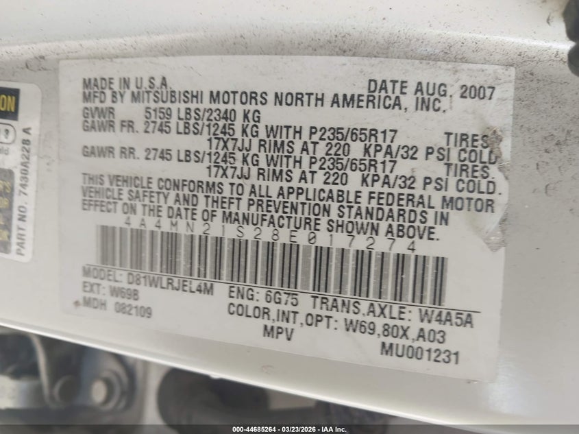 2008 Mitsubishi Endeavor Ls VIN: 4A4MN21S28E017274 Lot: 44685264