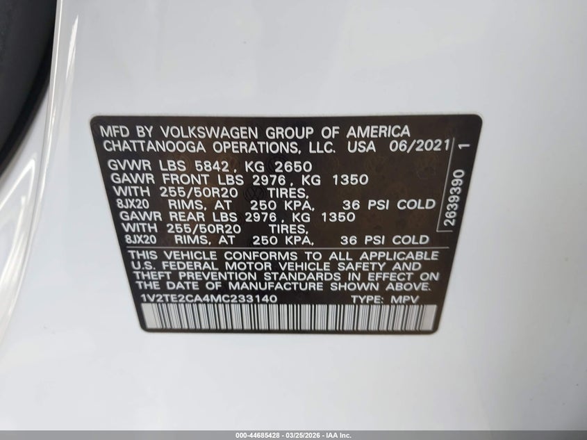 2021 Volkswagen Atlas Cross Sport 3.6L V6 Sel Premium VIN: 1V2TE2CA4MC233140 Lot: 44685428