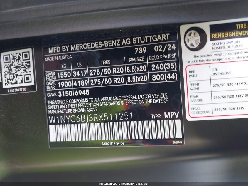 2024 Mercedes-Benz G 550 4Matic VIN: W1NYC6BJ3RX511251 Lot: 44685456