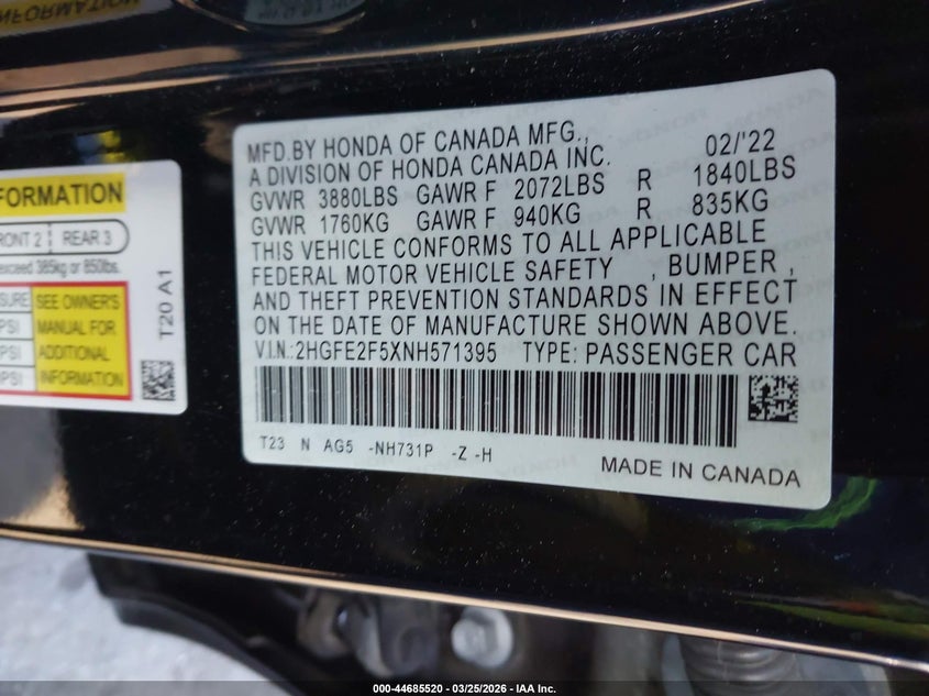 VIN 2HGFE2F5XNH571395 2022 HONDA CIVIC SPORT